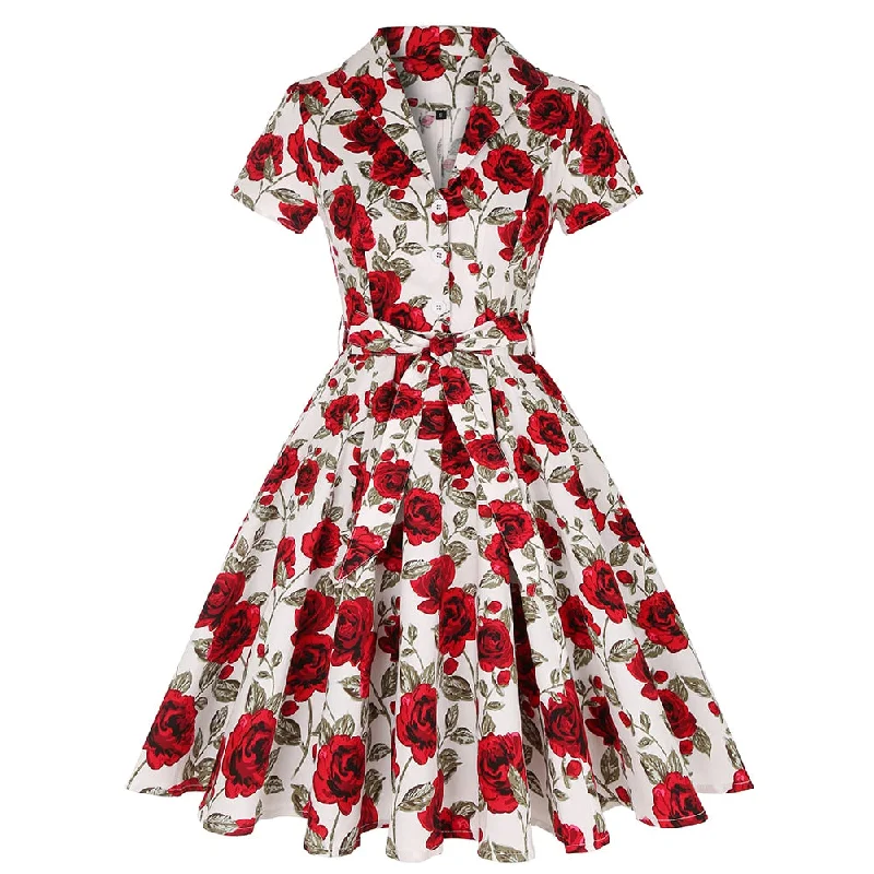 Vintage Pinup Hepburn Style 60s Floral Gown Party Rockabilly Dress Female Elegant Turn Down Collar Women White 50S Swing Dresses