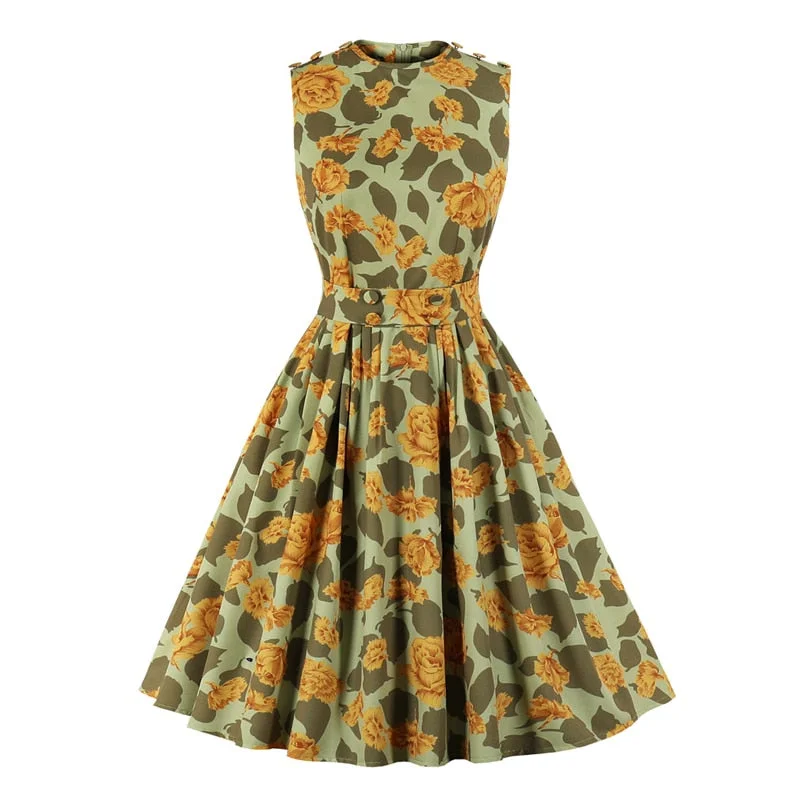 Yellow Floral Print Buttons High Waist Pinup 50s Vintage Pleated Dress Sleeveless Summer 2021 Women Retro Sundress Clothes