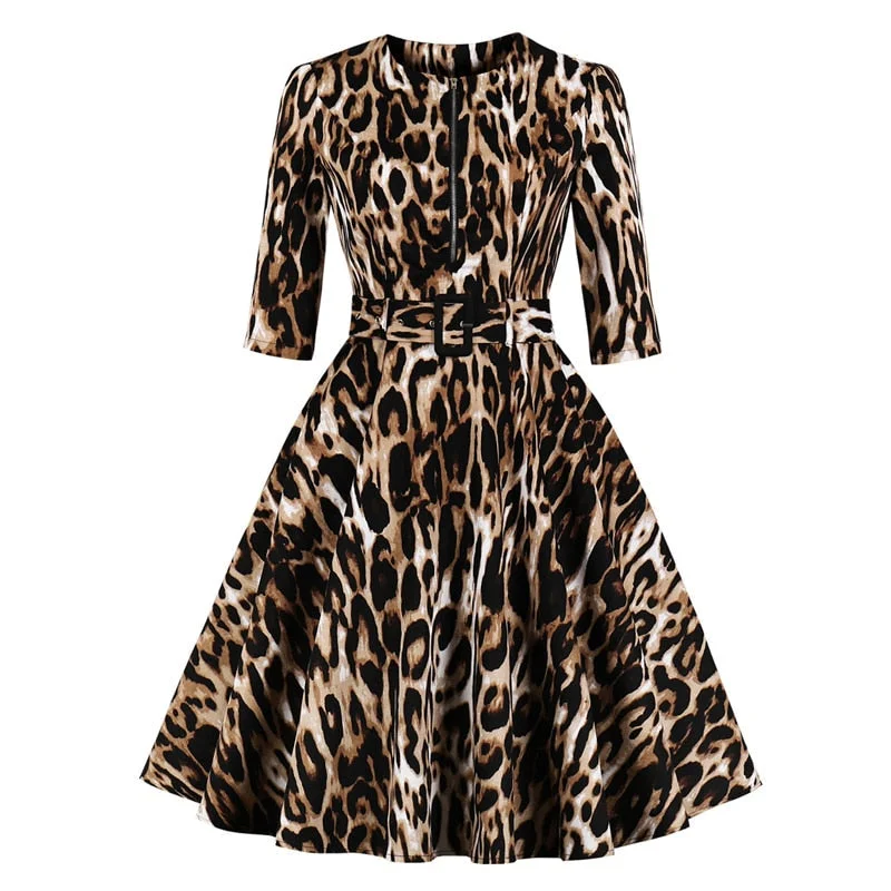 Zipper Front Leopard Print Rockabilly Elegant Vintage 3/4 Length Sleeve Cotton Dress with Belt