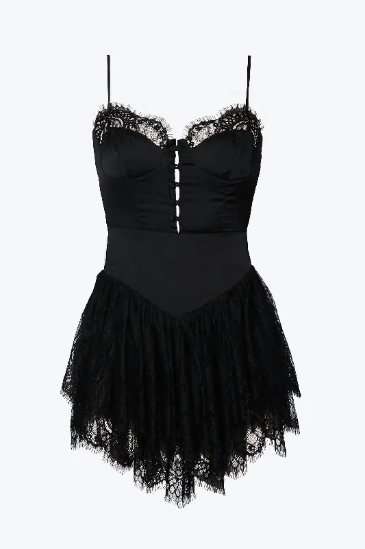 Bustier Lace-Trimmed Satin Mini Dress In Black