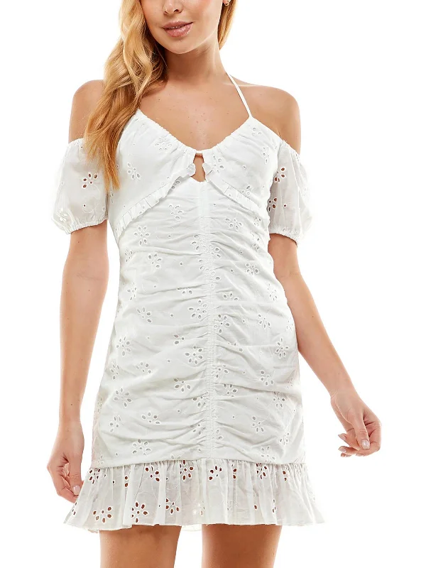 Juniors Womens Eyelet Short Mini Dress