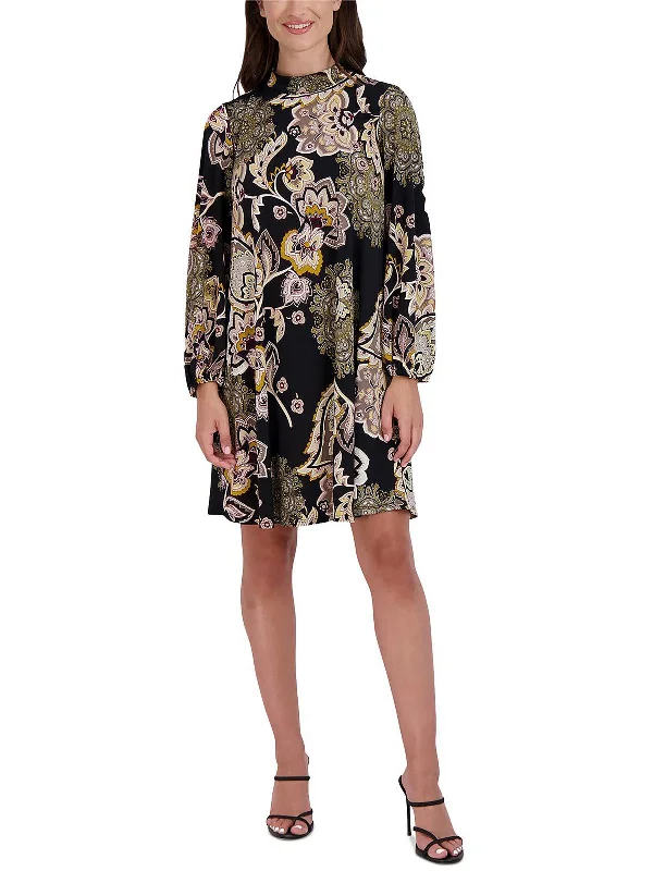 Petites Womens Paisley Mini Shift Dress