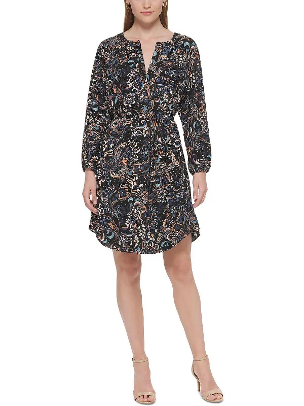 Petites Womens Paisley Mini Shift Dress