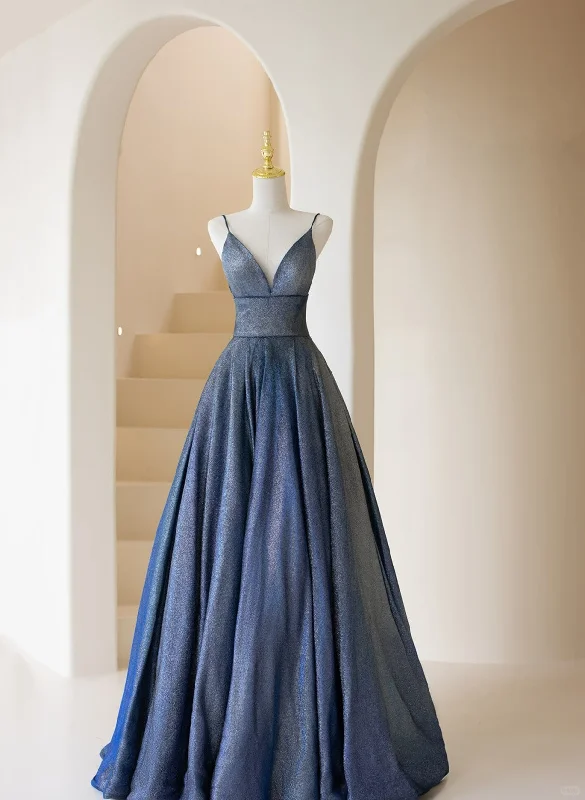 A-line Blue Straps V-neckline Long Prom Dress, Blue A-line Evening Dress