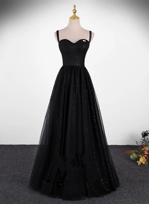 A-line Sweetheart Black Tulle Long Formal Dress, Black Simple Prom Dress