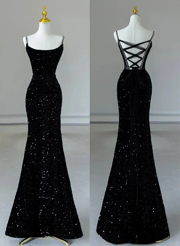 Black Mermaid Sequins Long Formal Dress, Black Straps Long Evening Dress