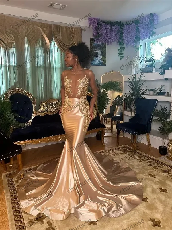 Champagne Satin O Neck Long Prom Dresses For Black Girls