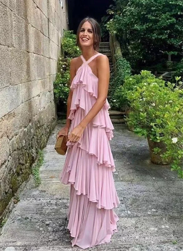 Cute A Line Straps Tiered Chiffon Long Prom Dress, Pink Bridesmaid Dress