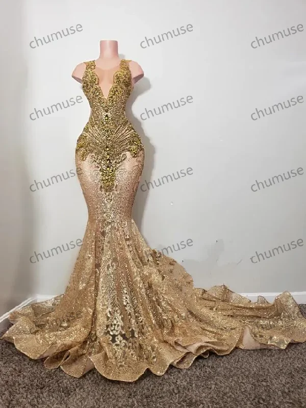 Luxury Champagne Prom Gold Long Dresses Sparkly Crystal Diamond Sheer Mesh