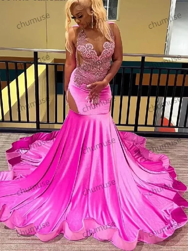 Pink Crystal Beading Long Mermaid Prom Dresses Black Girls