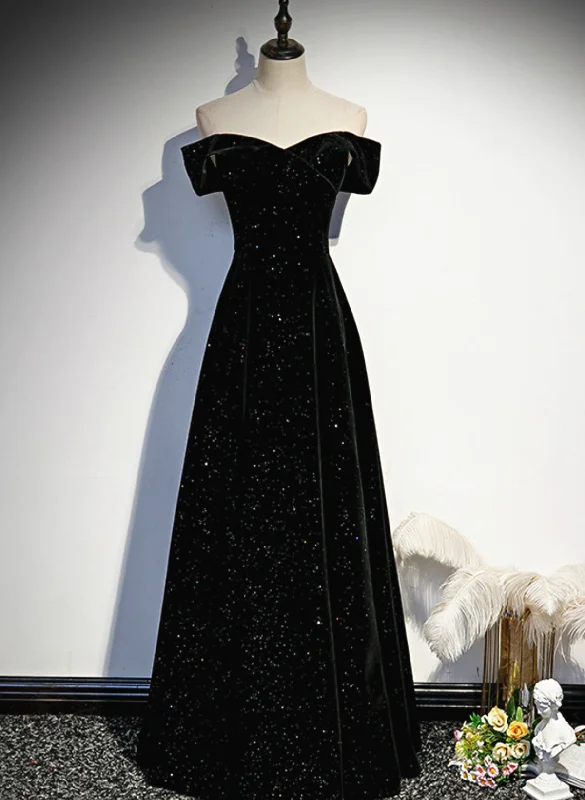 Simple Black Sweetheart Off Shoulder Long Velvet Prom Dress, Black Evening Dress