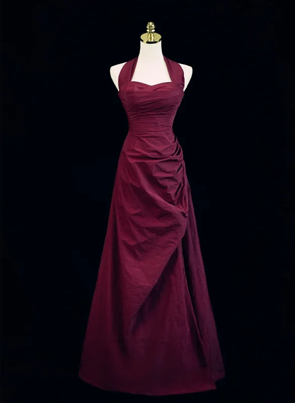 Wine Red A-Line Halter Vintage Style Prom Dress, Wine Red Long Evening Dress