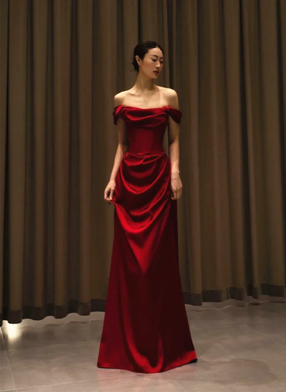 Wine Red Satin Off Shoulder Long Formal Gown, Wine Red Satin Prom Dress