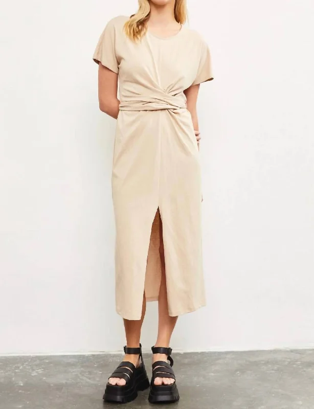 Cotton Wrap Midi Dress In Beige