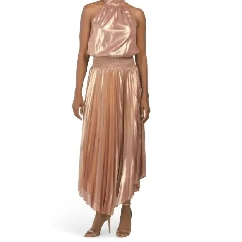 Olana Pleated Metallic Midi Dress In Pink