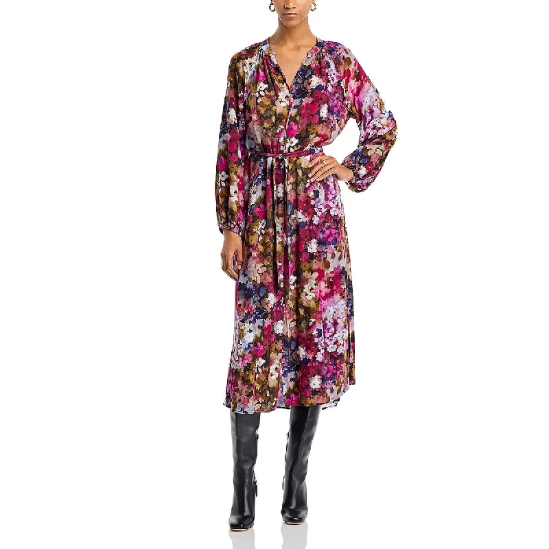 Womens Floral Button Up Midi Dress