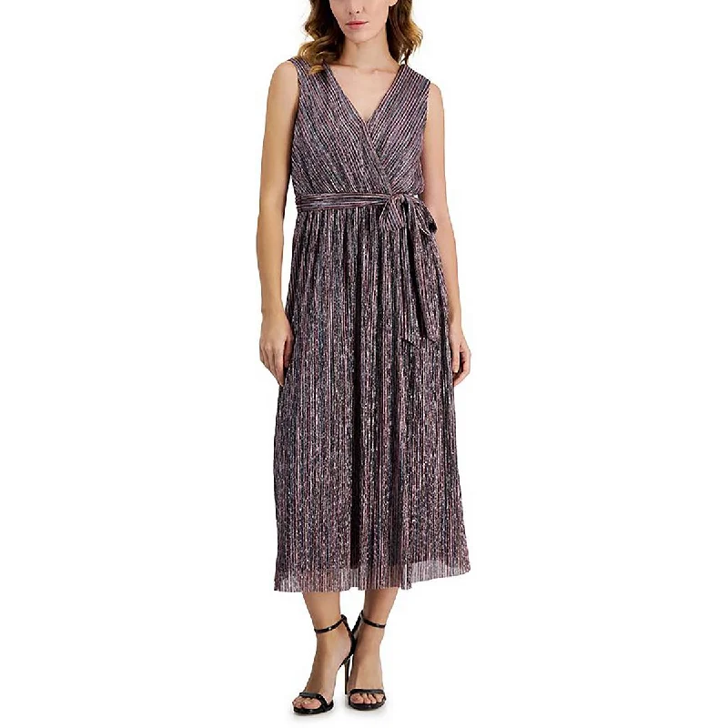 Womens Metallic Tea Length Midi Dress