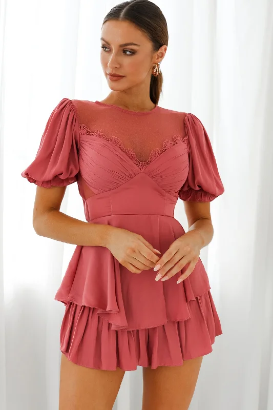 L'amour Lace Mesh Bust Puff Sleeve Romper Rose