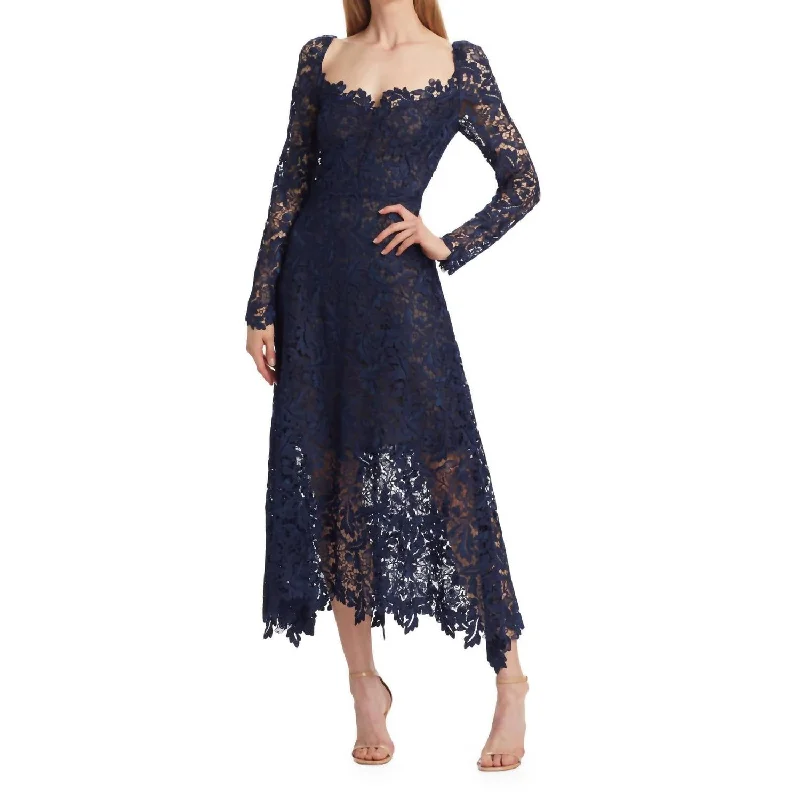 Sweetheart Neckline Lace Guipure Dress In Navy